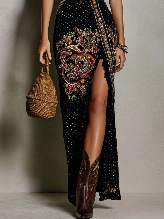 Vestido Estampado de Estilo Bohemio con Escote V Profundo y Abertura Alta