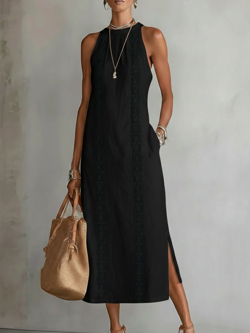 Vestido midi de corte relajado con cuello mao y bordados