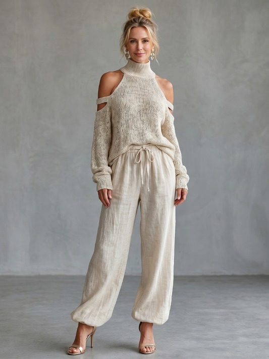 Off-the-shoulder knit top and wide-leg pants set