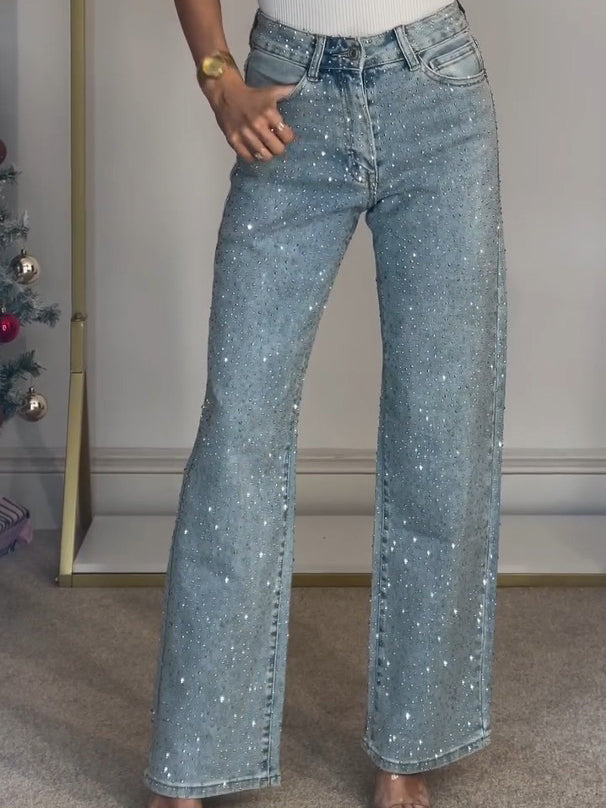 Jeans de Tiro Alto con Diamantes y Pierna Recta