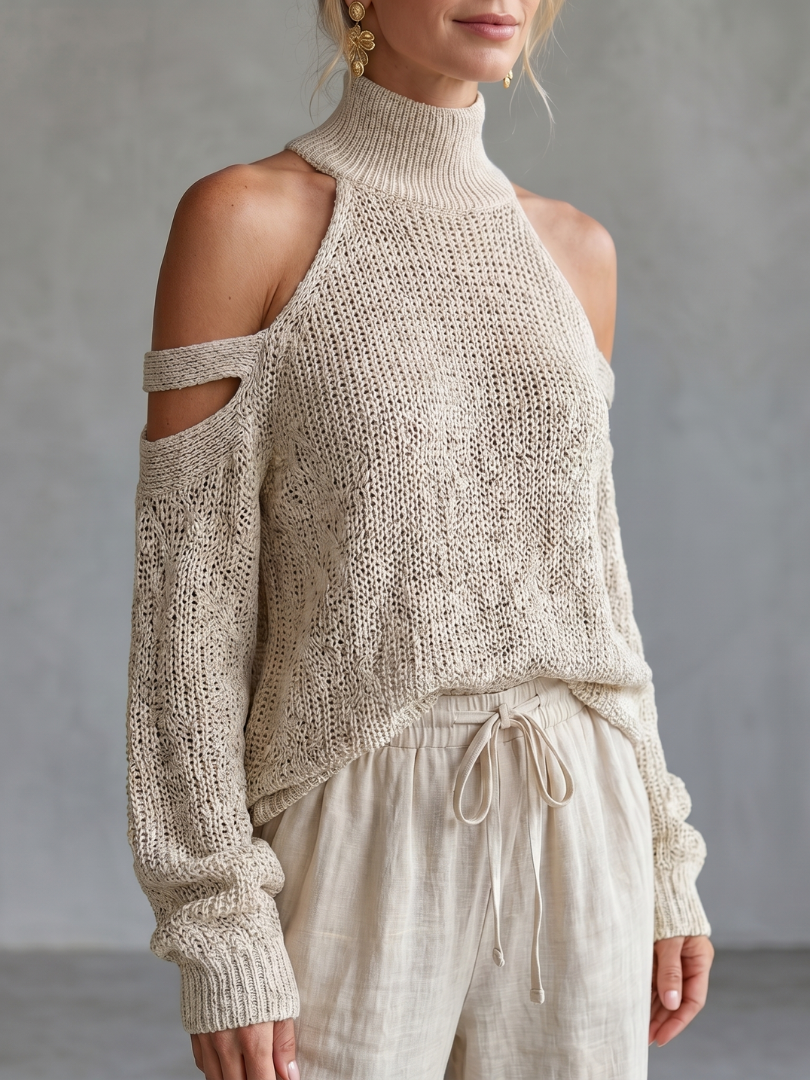 Conjunto de top de punto con hombros descubiertos y pantalón de pierna ancha