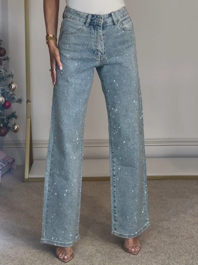 Jeans de Tiro Alto con Diamantes y Pierna Recta