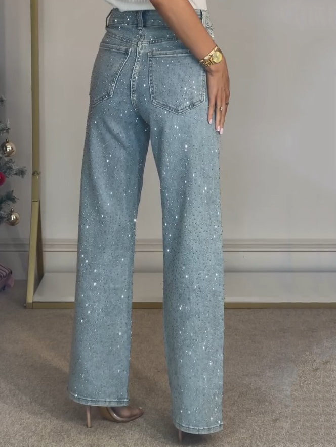 Jeans de Tiro Alto con Diamantes y Pierna Recta