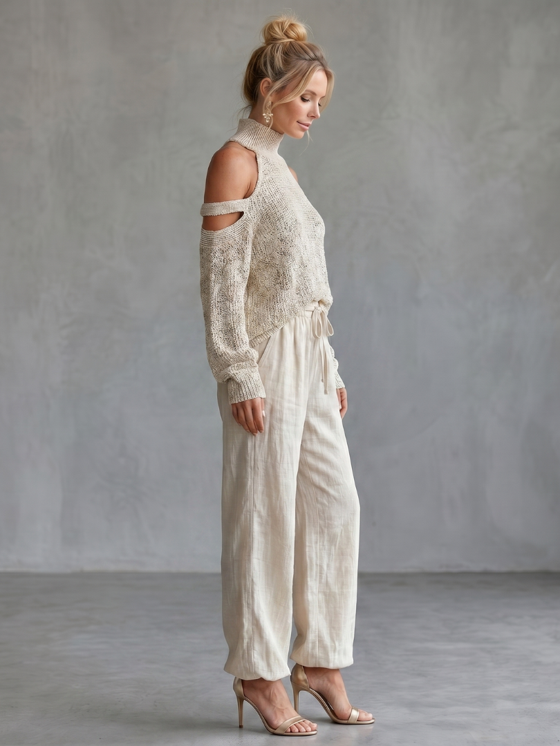 Conjunto de top de punto con hombros descubiertos y pantalón de pierna ancha