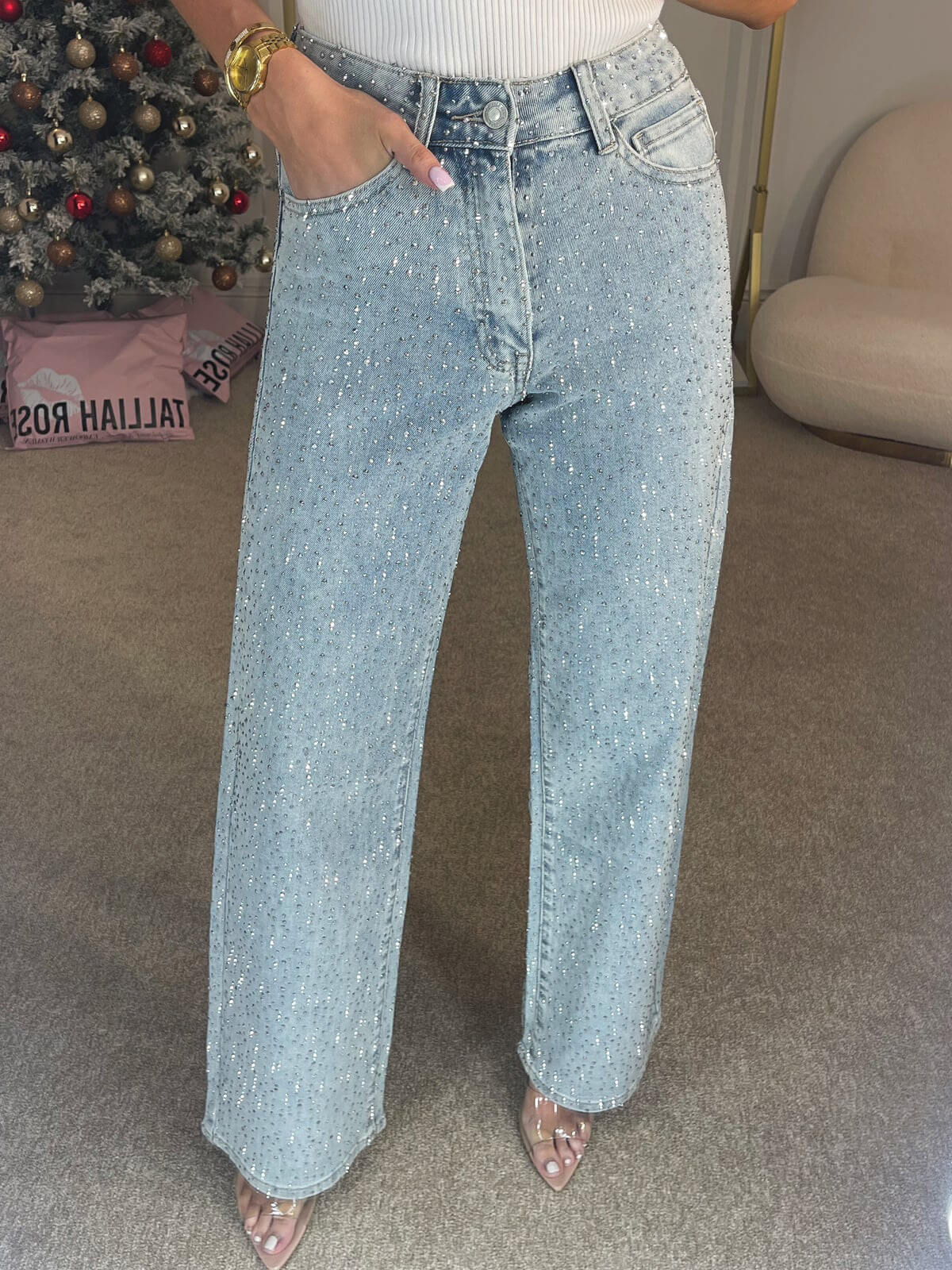 Jeans de Tiro Alto con Diamantes y Pierna Recta