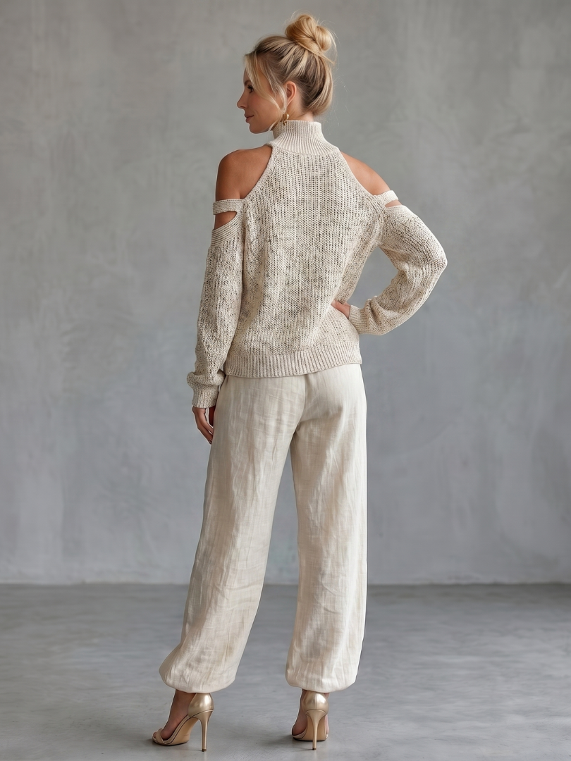 Conjunto de top de punto con hombros descubiertos y pantalón de pierna ancha