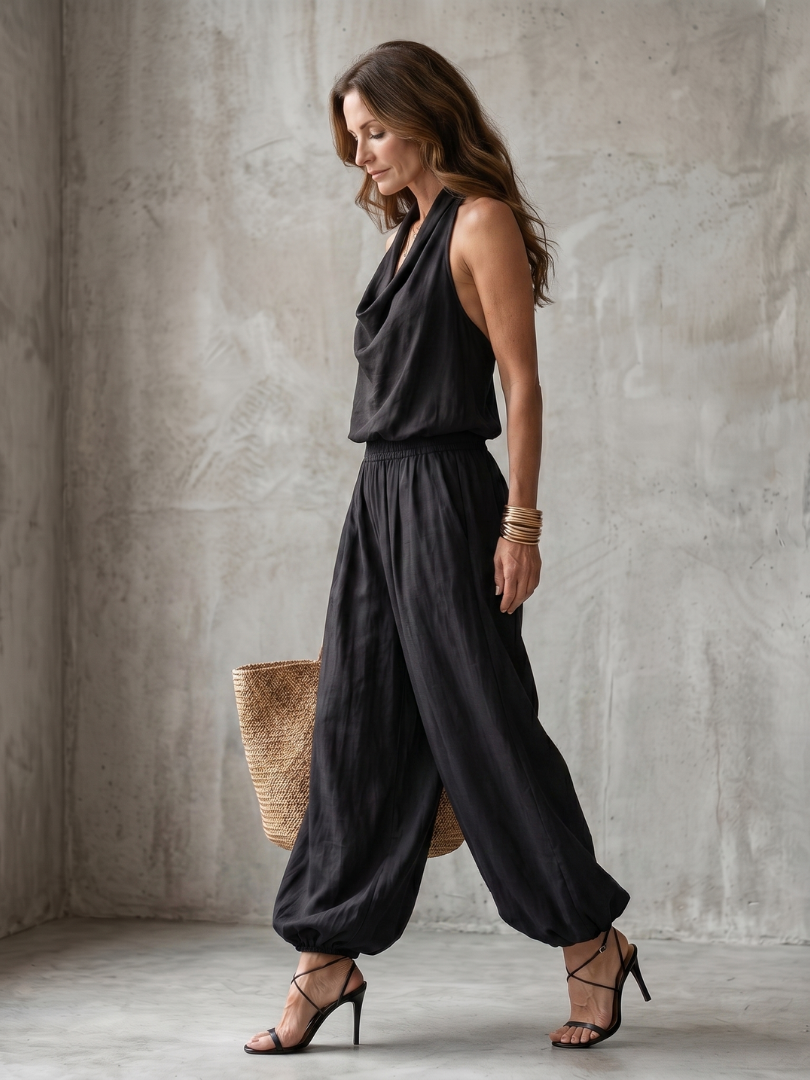 Conjunto de top fluido con cuello drapeado y pantalón de pierna ancha