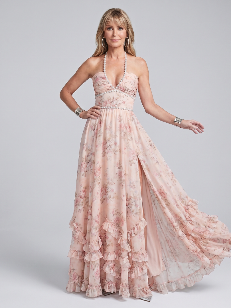 Vestido largo con cuello halter, estampado floral y tirantes con pedrería
