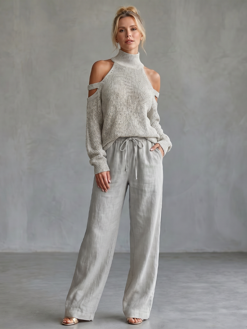 Conjunto de top de punto con hombros descubiertos y pantalón de pierna ancha