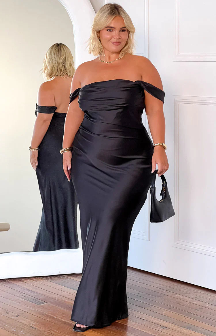 Vestido largo formal Ella Black con hombros descubiertos