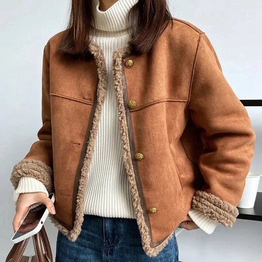 Reva | Women's Vintage Style Cropped Jacket with Buttons and Shearling Trim