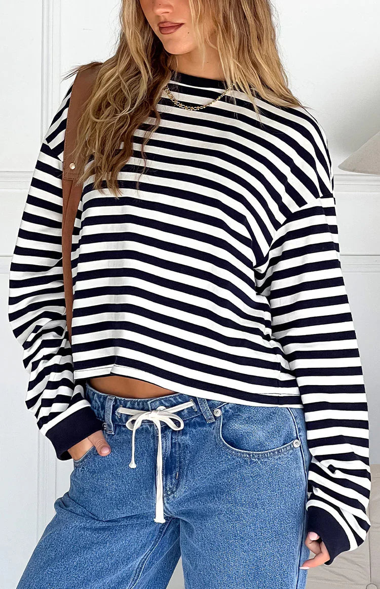 Top de manga larga So Breezy con rayas azul marino
