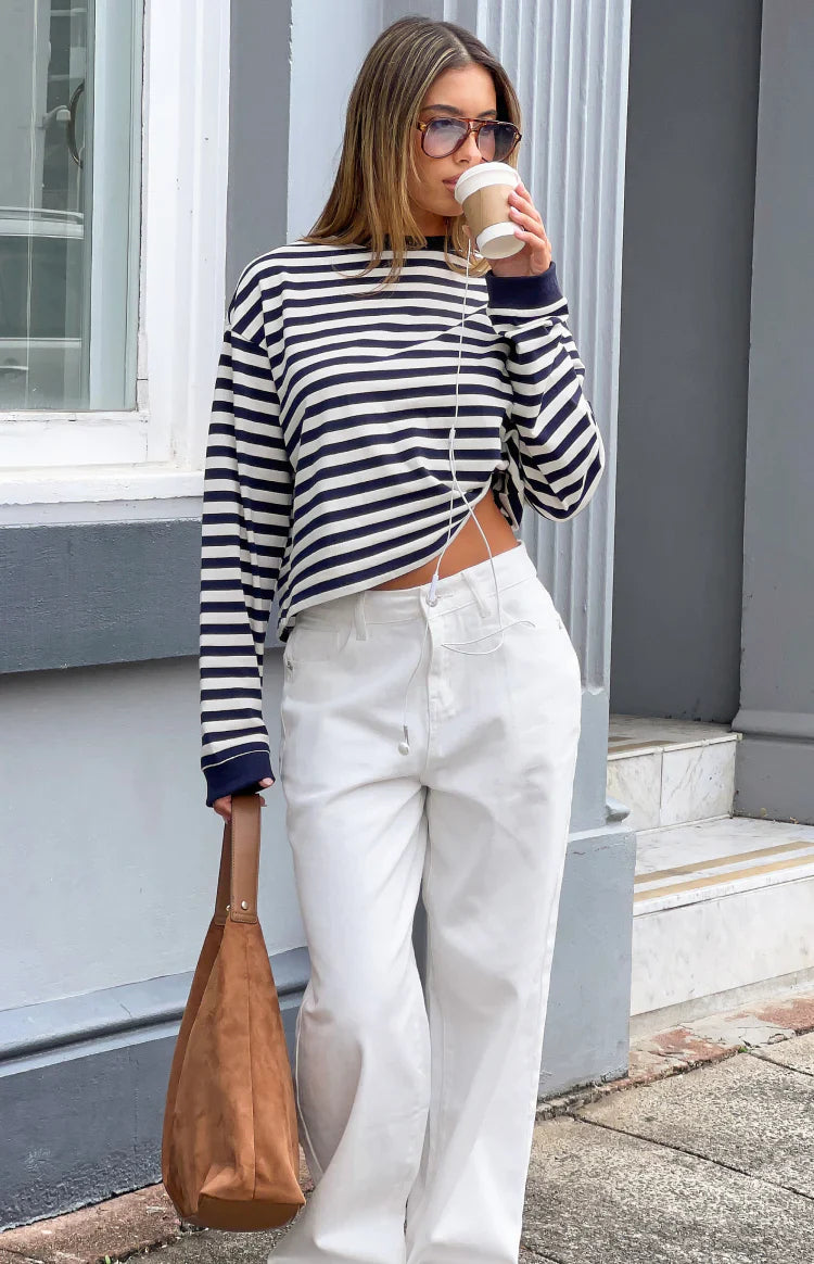 Top de manga larga So Breezy con rayas azul marino