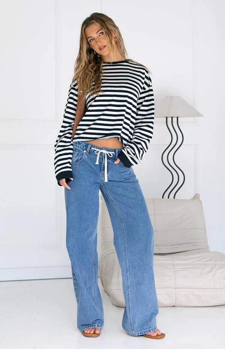 Top de manga larga So Breezy con rayas azul marino