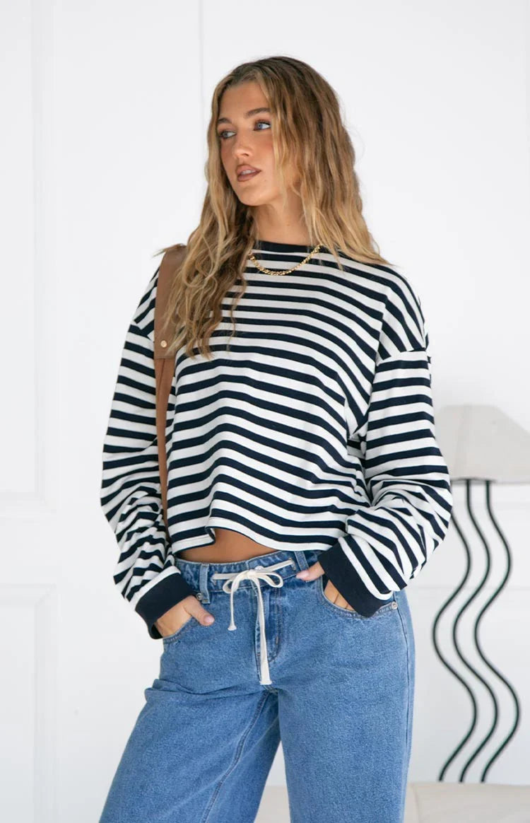 Top de manga larga So Breezy con rayas azul marino