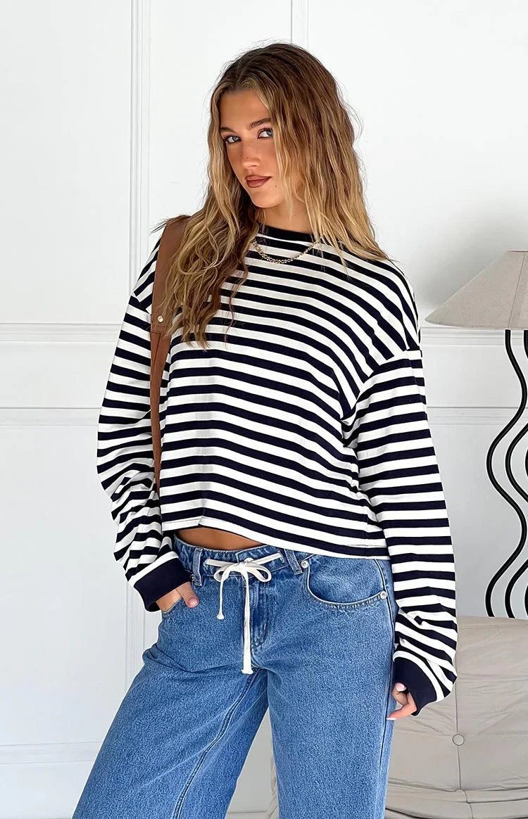 Top de manga larga So Breezy con rayas azul marino