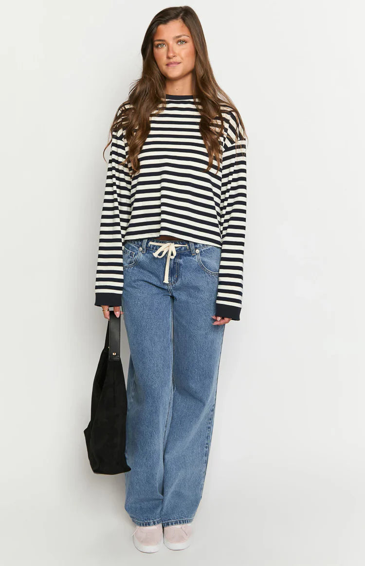 Top de manga larga So Breezy con rayas azul marino
