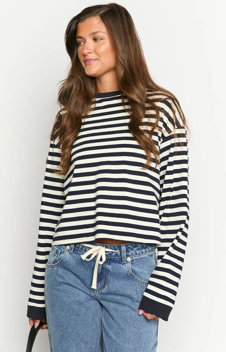 Top de manga larga So Breezy con rayas azul marino