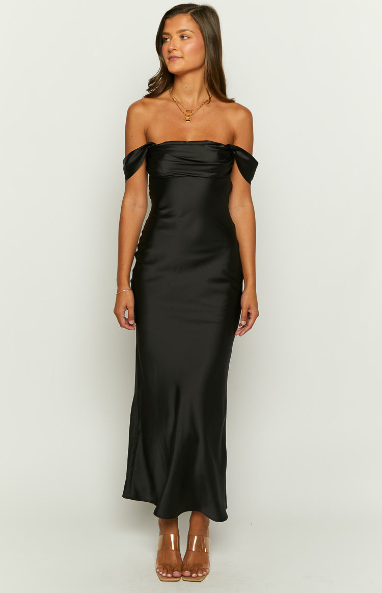Vestido largo formal Ella Black con hombros descubiertos