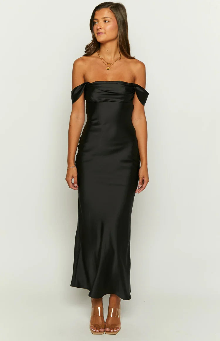 Vestido largo formal Ella Black con hombros descubiertos