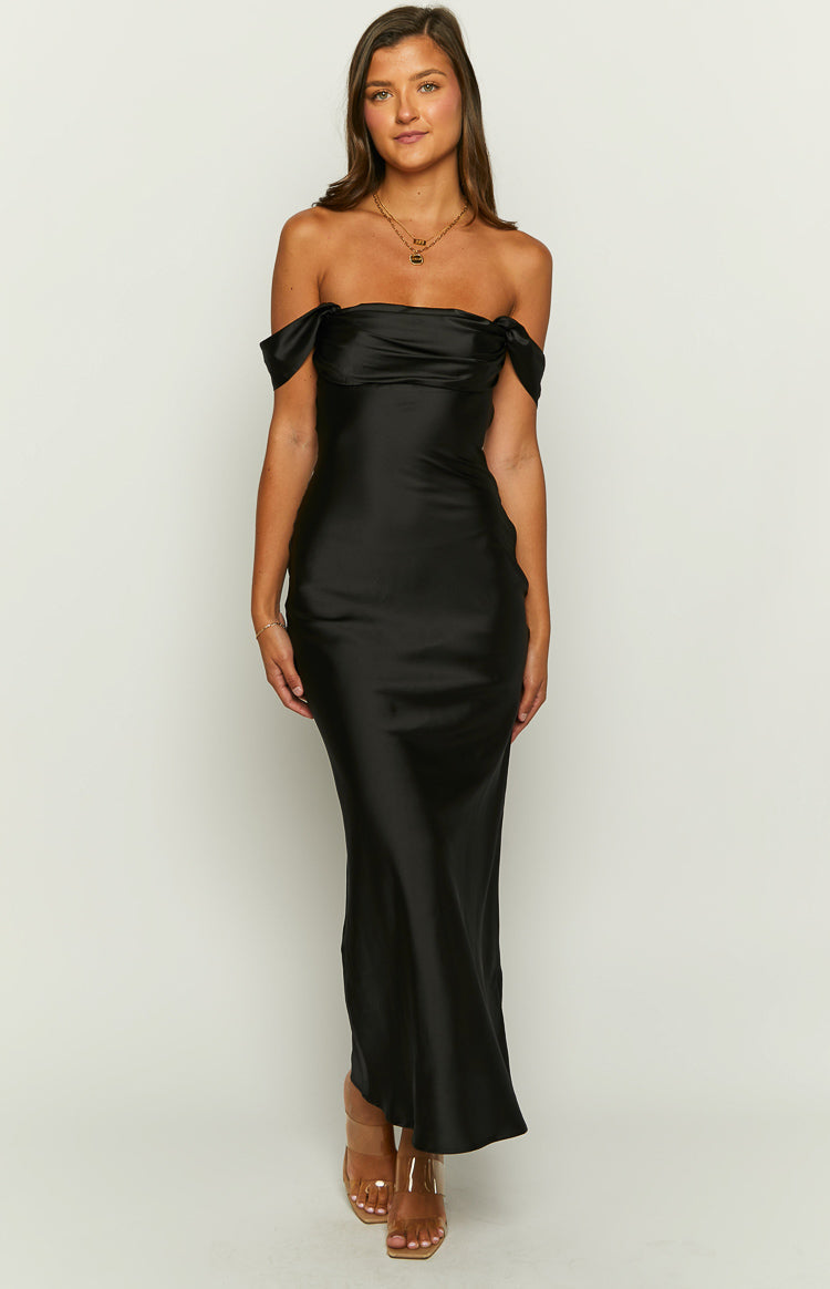 Vestido largo formal Ella Black con hombros descubiertos