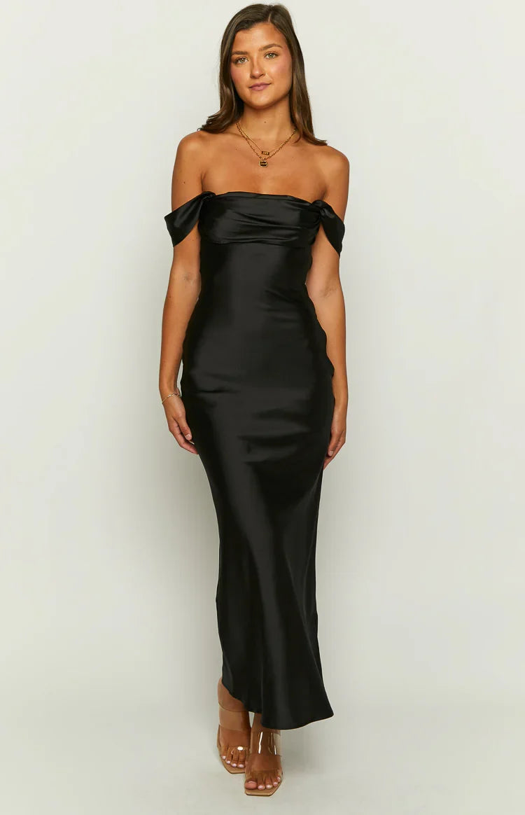 Vestido largo formal Ella Black con hombros descubiertos