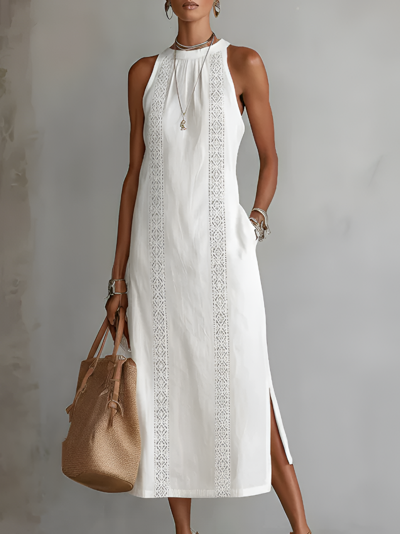 Vestido midi de corte relajado con cuello mao y bordados