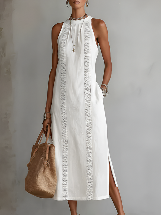 Relaxed-fit midi dress with a mandarin collar and embroidery