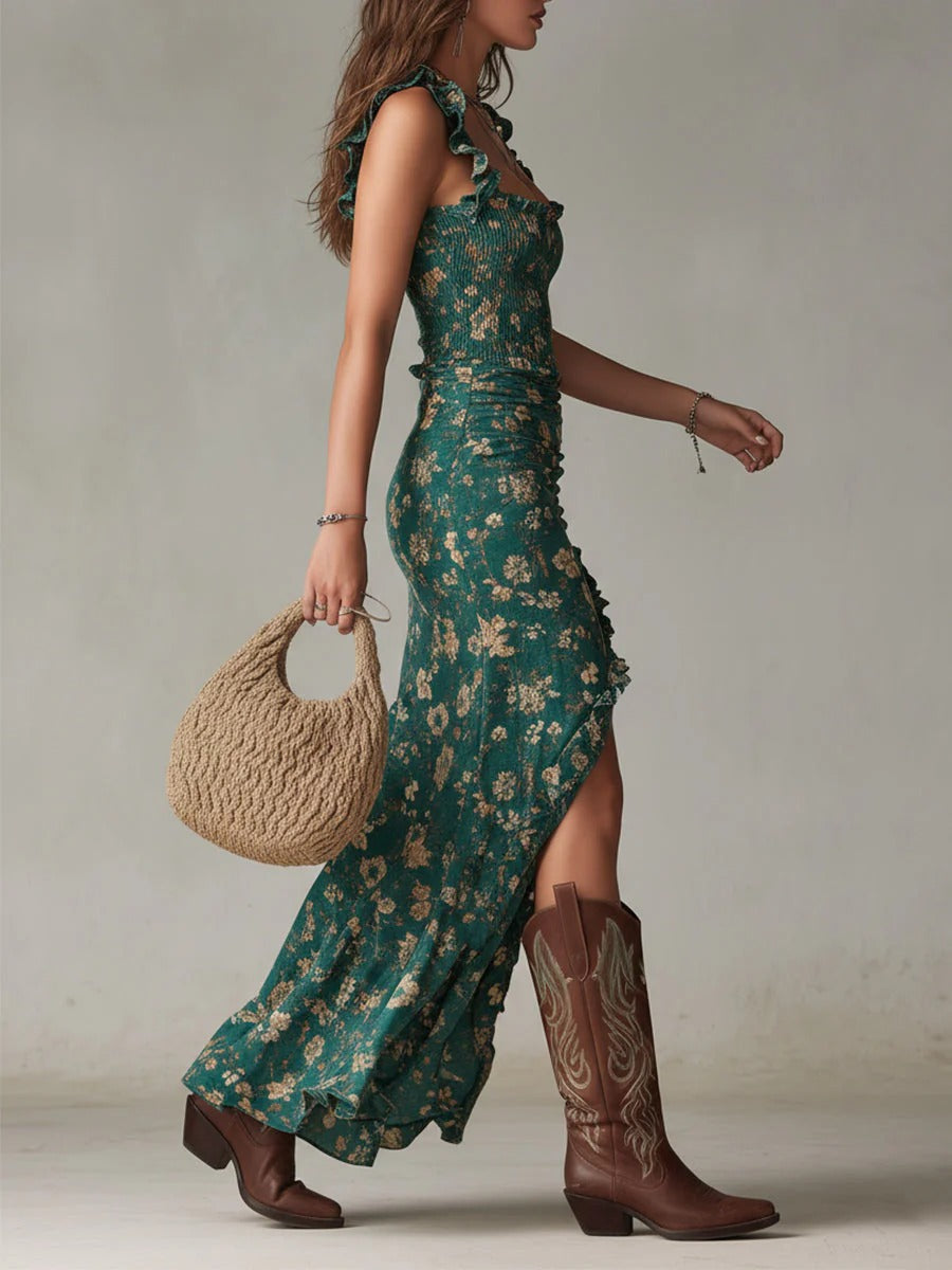Vestido Maxi Floral Bohemio con Fruncido y Abertura Lateral