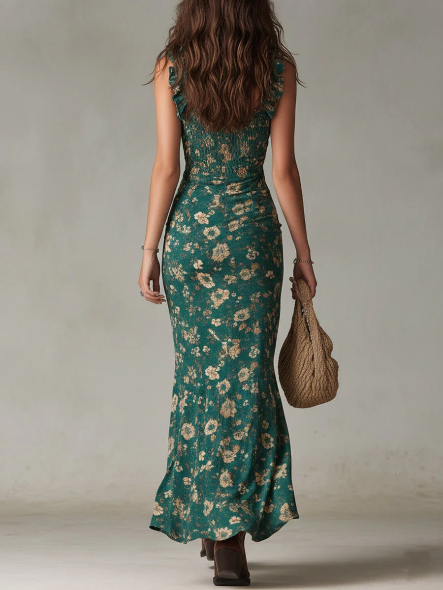 Vestido Maxi Floral Bohemio con Fruncido y Abertura Lateral