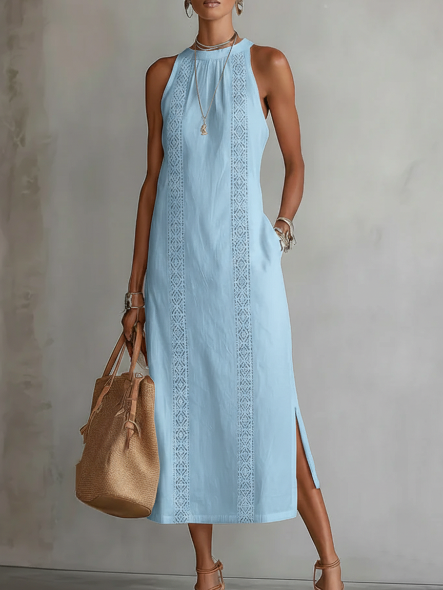 Vestido midi de corte relajado con cuello mao y bordados