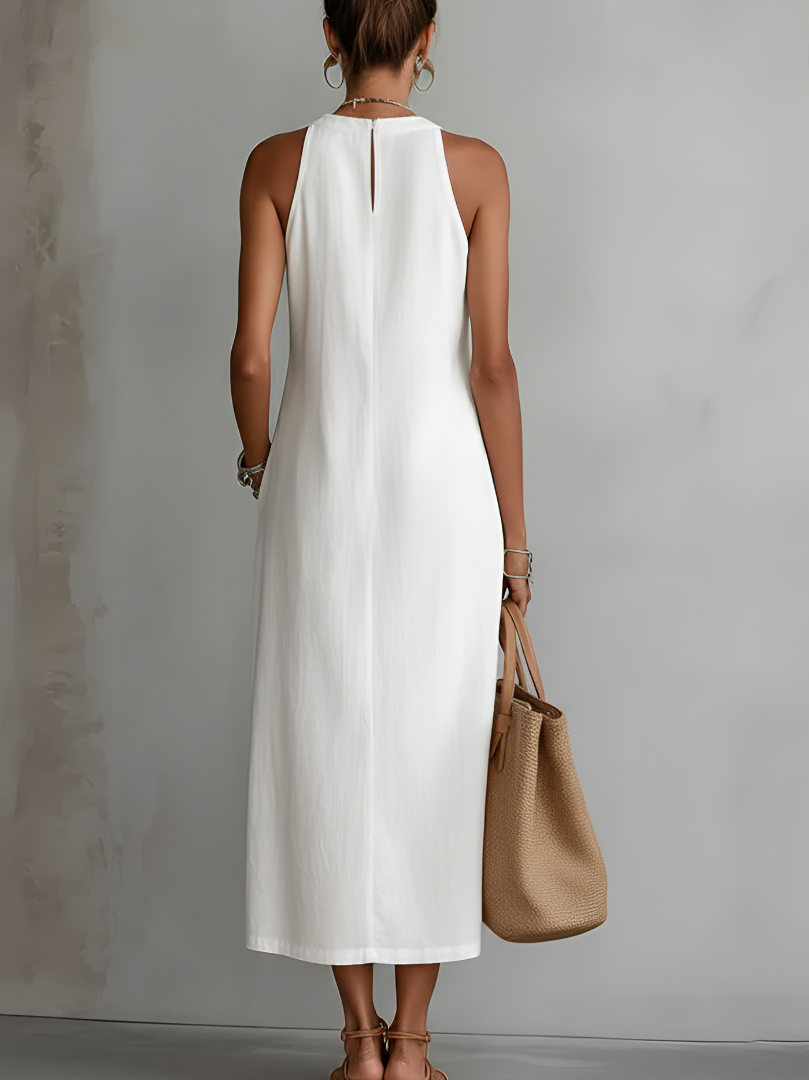 Vestido midi de corte relajado con cuello mao y bordados