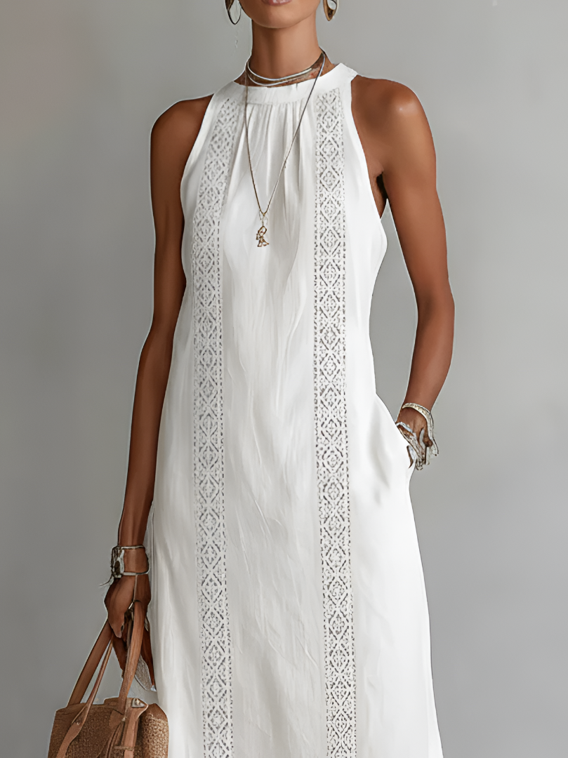 Vestido midi de corte relajado con cuello mao y bordados