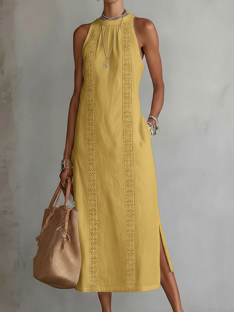 Vestido midi de corte relajado con cuello mao y bordados