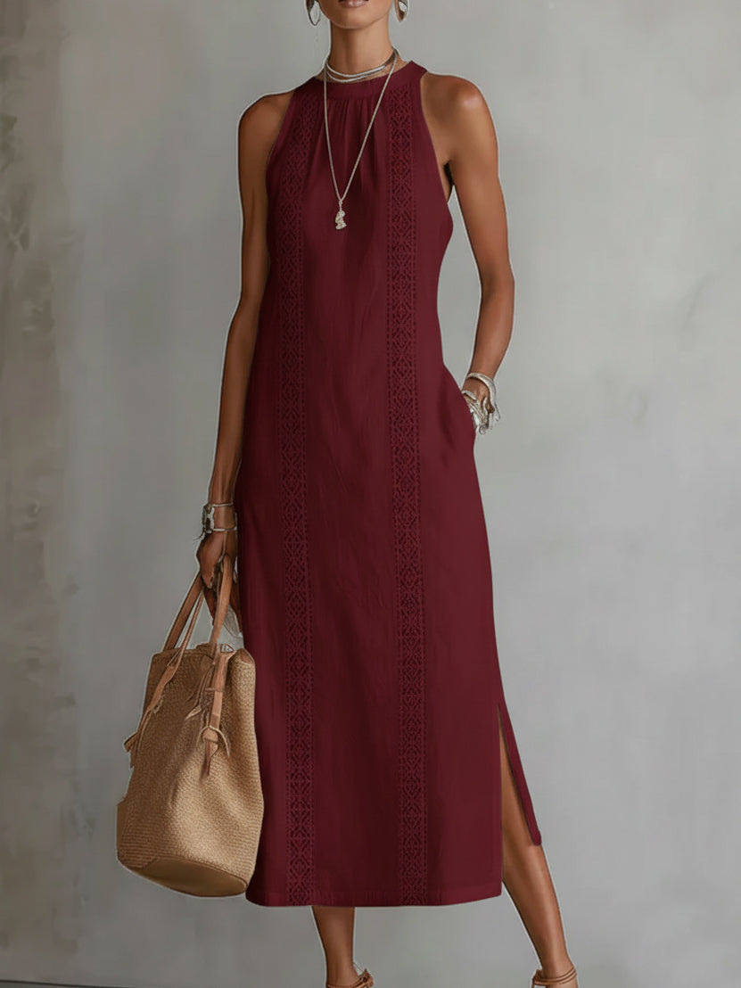 Vestido midi de corte relajado con cuello mao y bordados